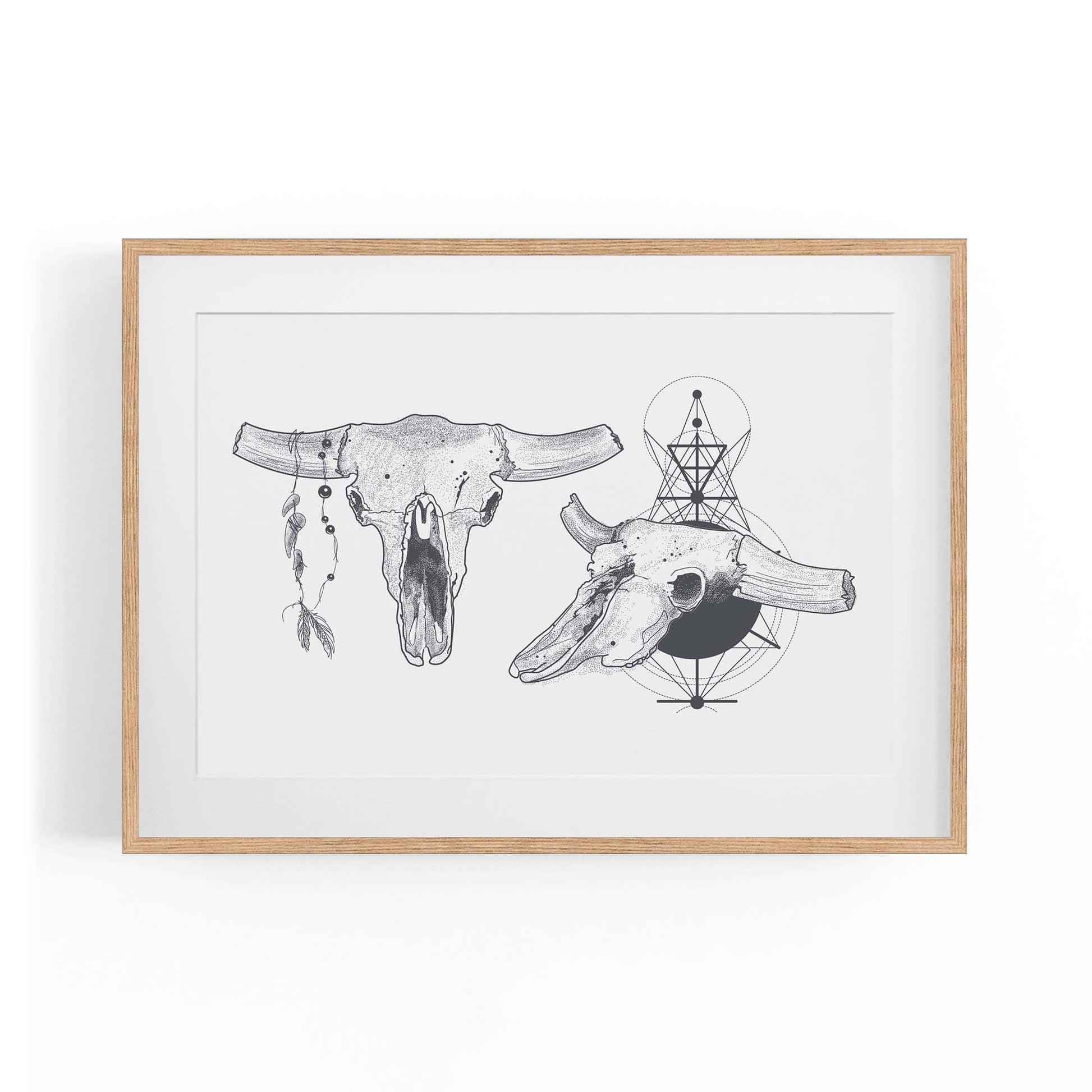Tribal Cow Skull Drawing Boho Style Wall Art #1 - The Affordable Art Company
