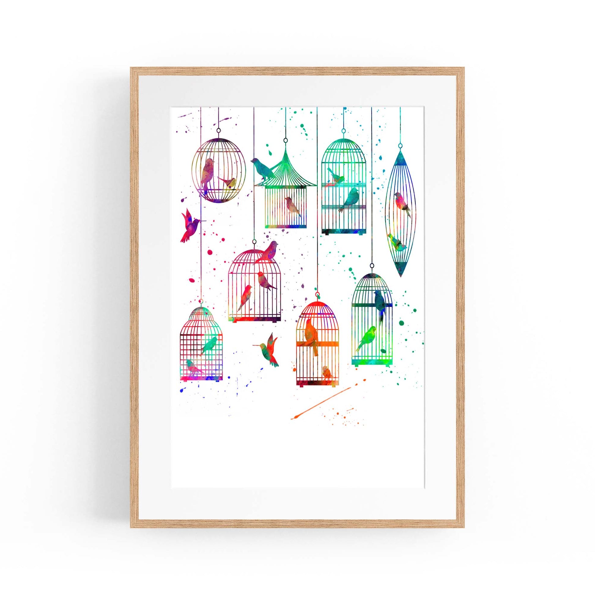 Watercolour Birds in Cages Cute Animal Wall Art - The Affordable Art Company