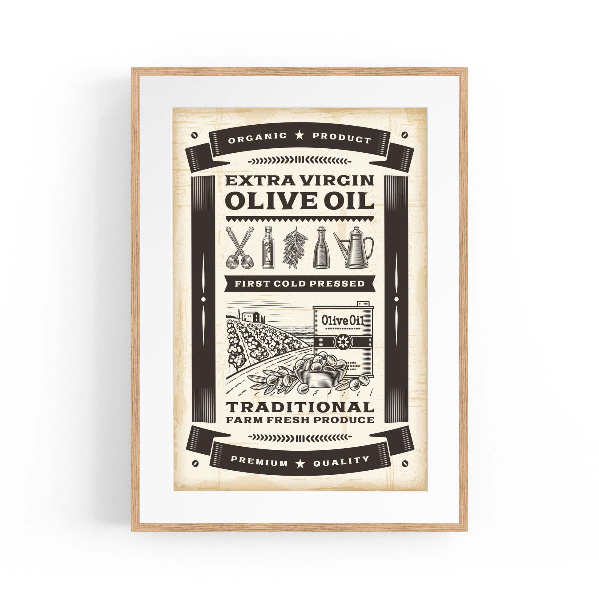 Vintage Olive Oil Farmhouse Kitchen Cafe Wall Art - The Affordable Art Company