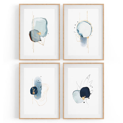 Set of 4 Abstract Blue Minimal Line and Shape Wall Art - The Affordable Art Company