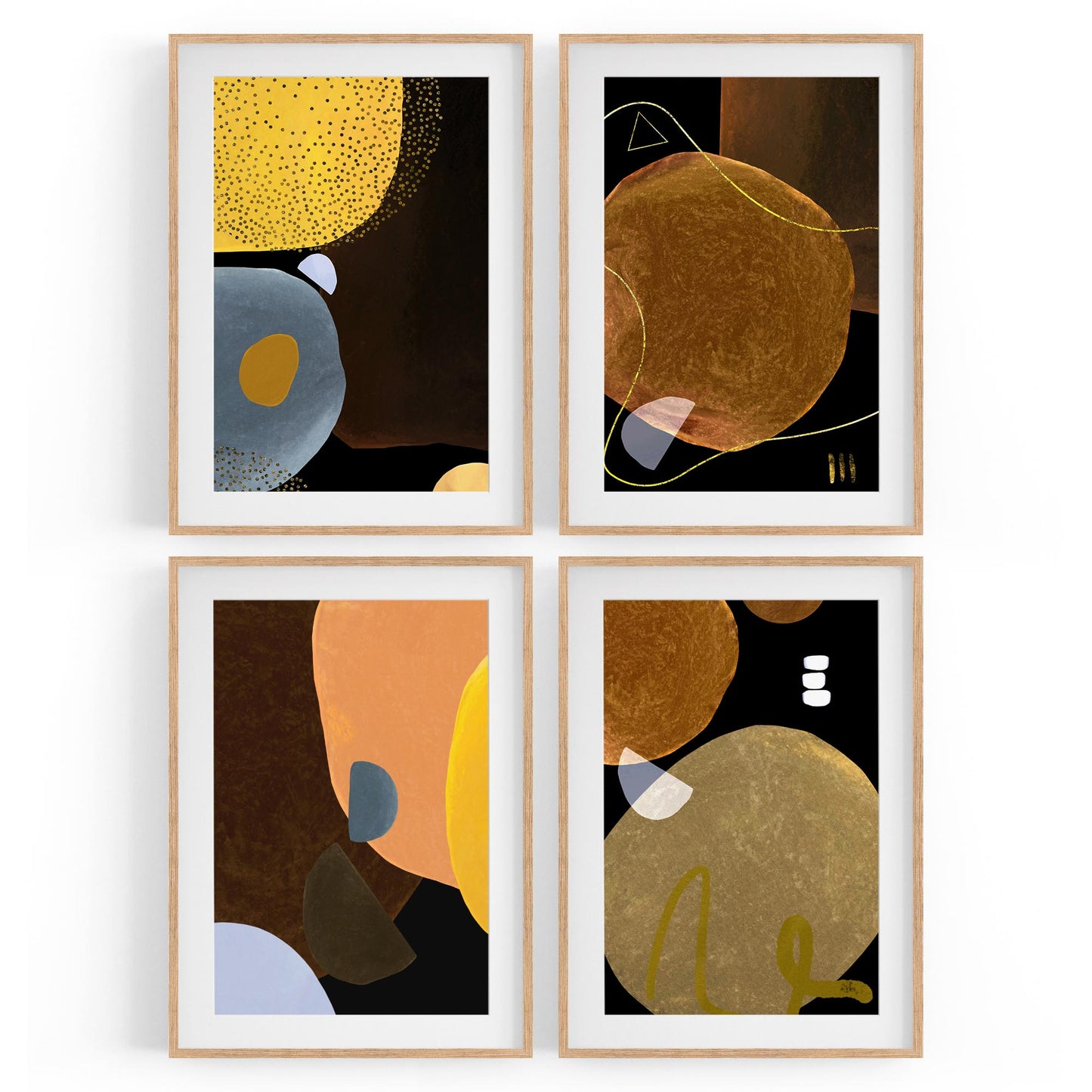 Set of 4 Abstract Yellow, Orange and Black Shape Painting Wall Art - The Affordable Art Company