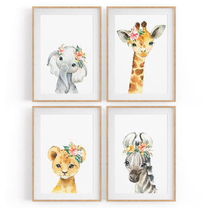 Set of 4 Baby Safari Animal Cute Nursery Paintings Wall Art - The Affordable Art Company