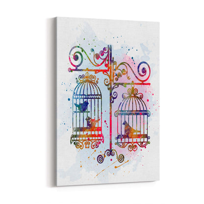 Birds In Cages Cute Decoration Wall Art - The Affordable Art Company