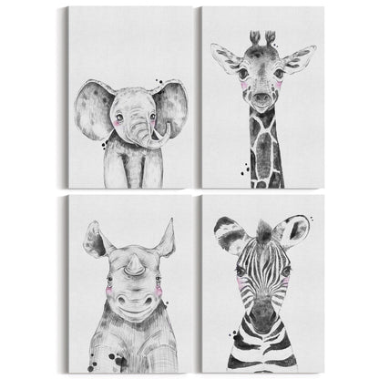 Set of 4 Cute Baby Nursery Safari Animal Drawings Wall Art - The Affordable Art Company