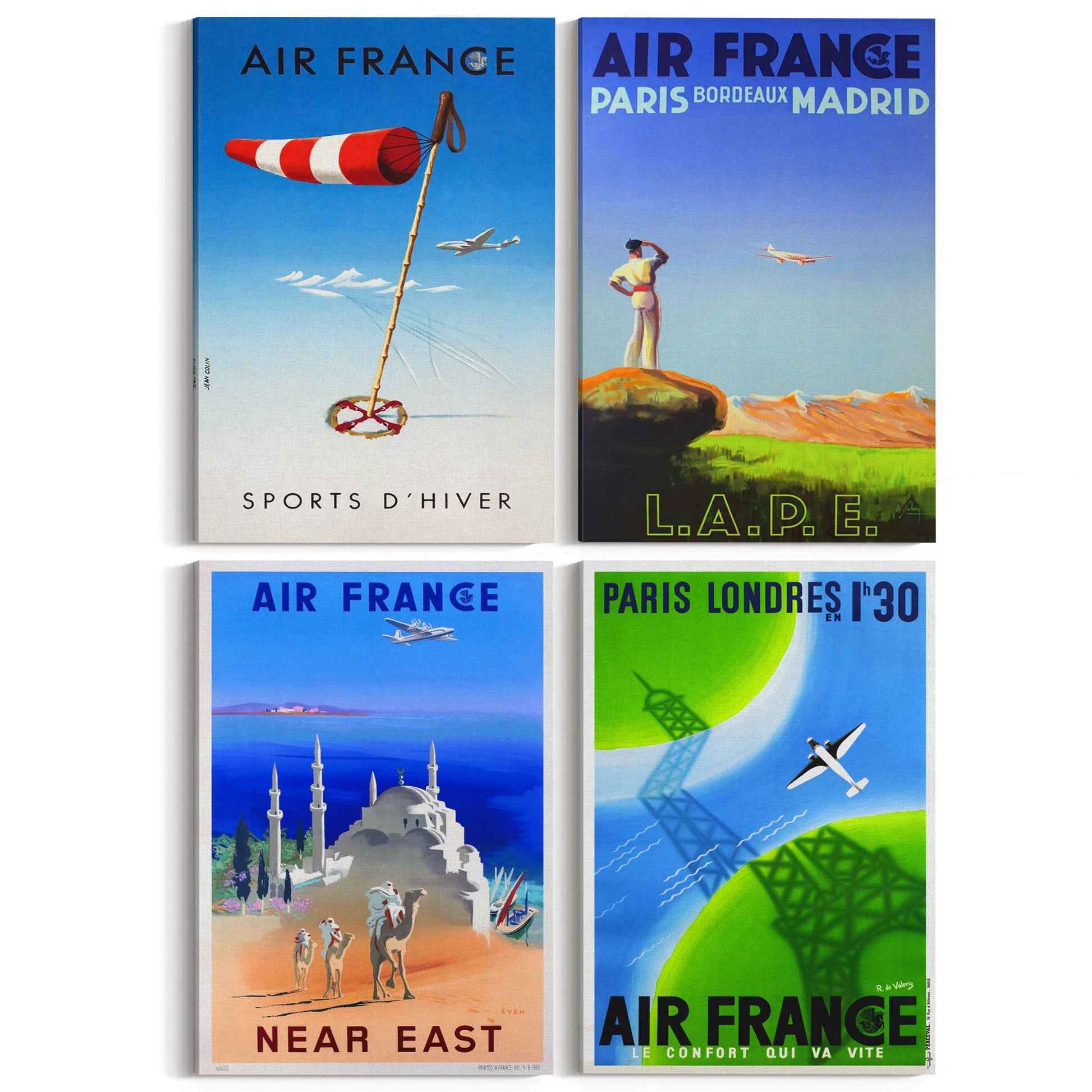 Set of 4 Vintage Air France Travel Advertisements Wall Art - The Affordable Art Company