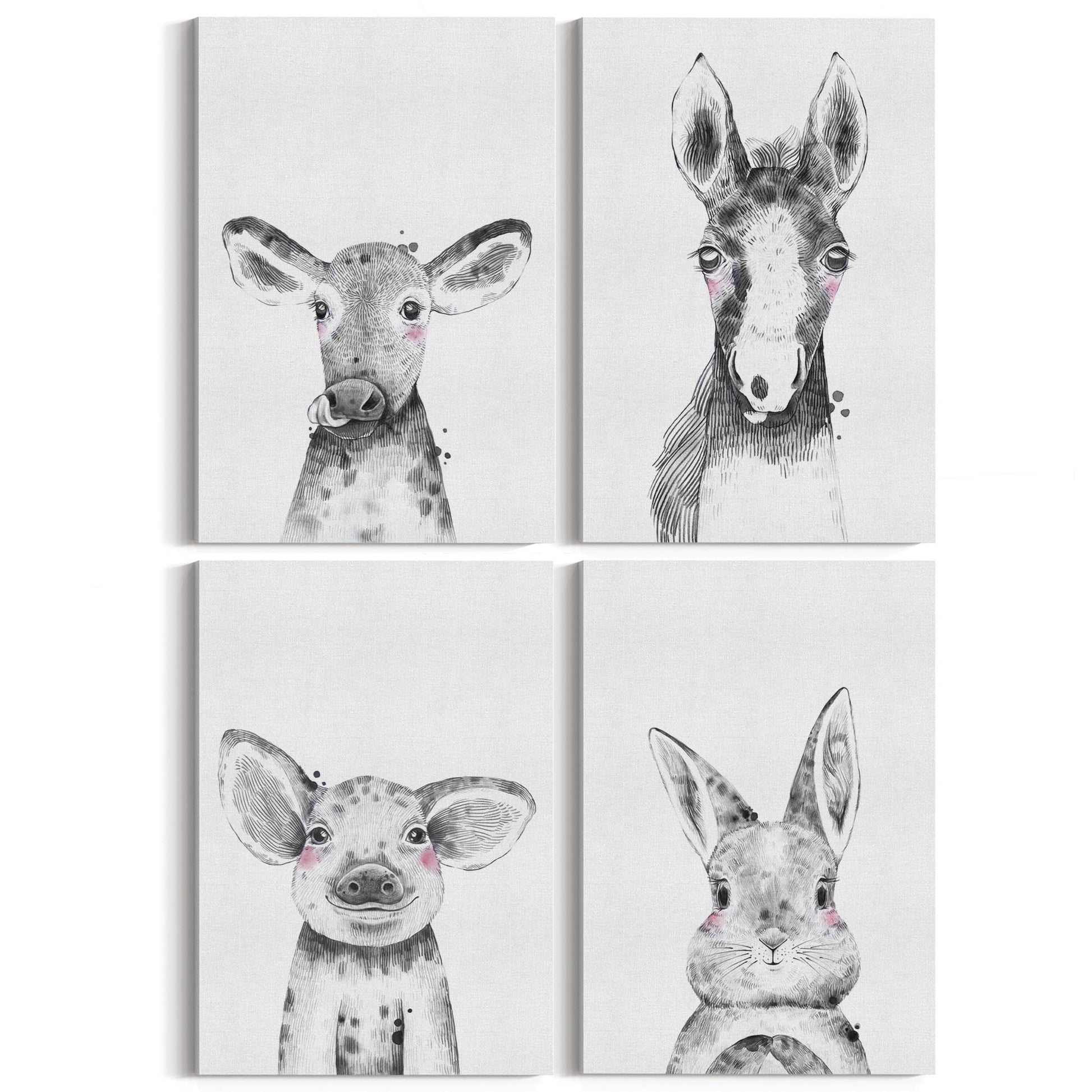 Set of 4 Cute Baby Nursery Country Farm Animal Drawings Wall Art - The Affordable Art Company