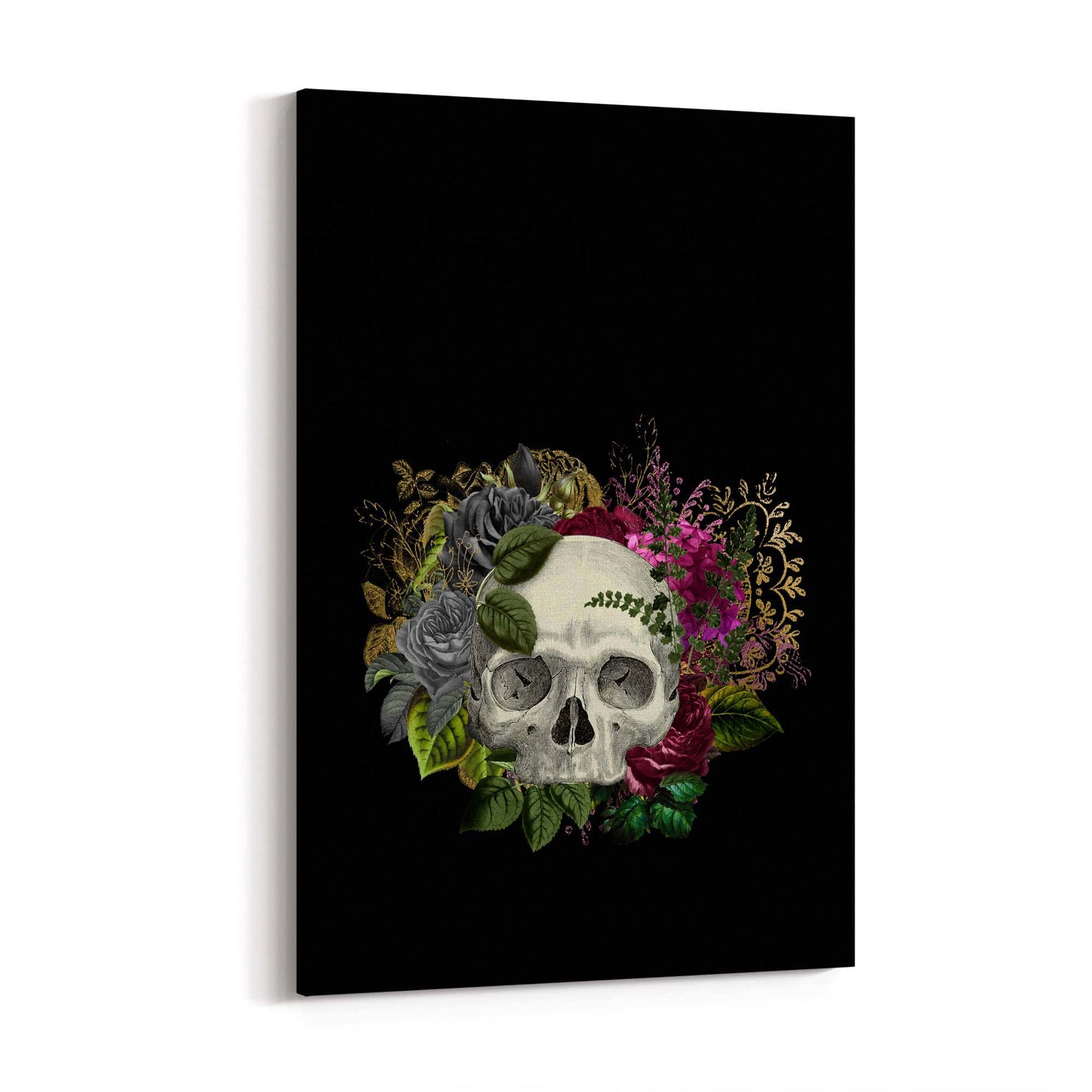 Black Skull and Flowers Fashion Bedroom Wall Art - The Affordable Art Company
