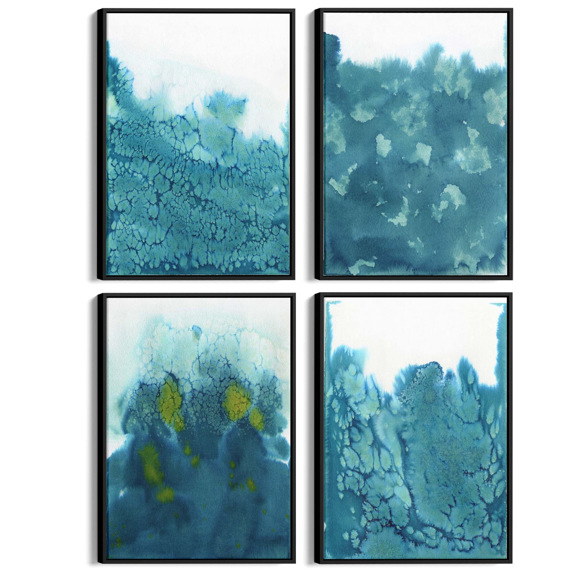 Set of 4 Abstract Blue Ink Wash Minimal Wall Art - The Affordable Art Company