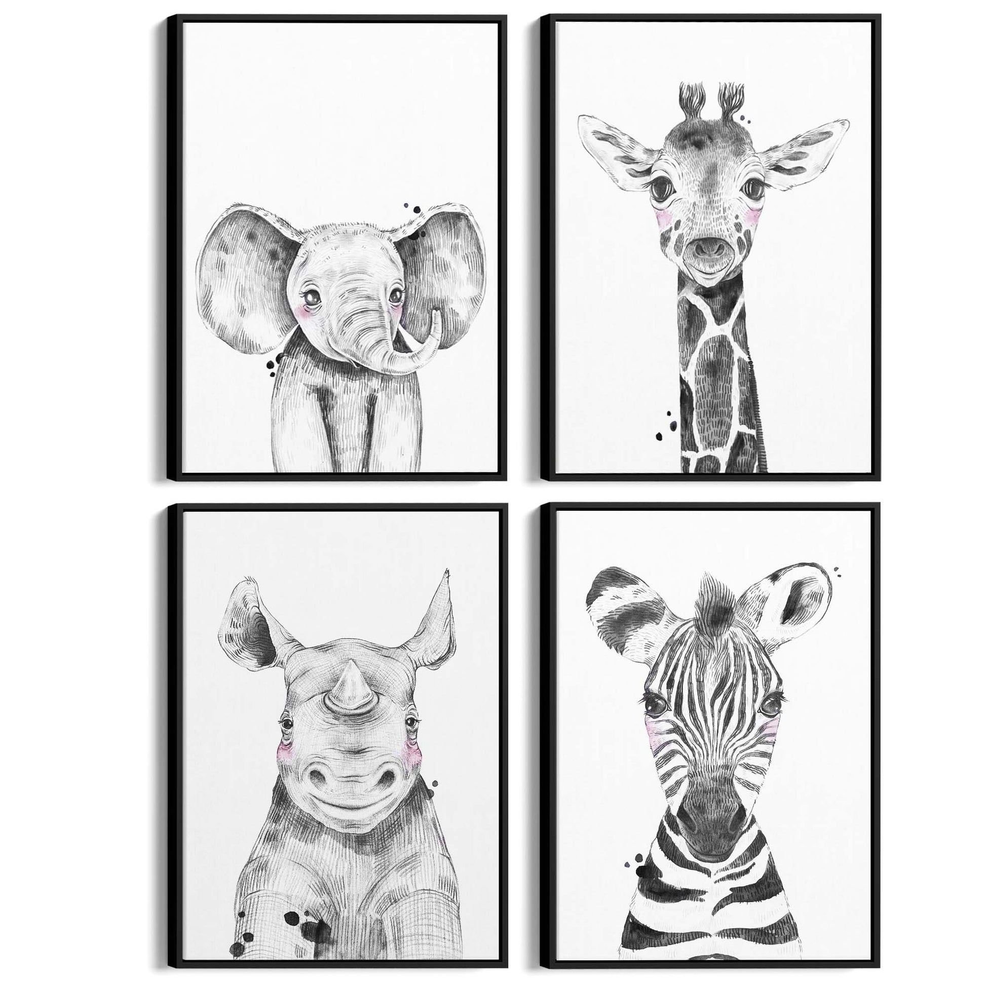 Set of 4 Cute Baby Nursery Safari Animal Drawings Wall Art - The Affordable Art Company