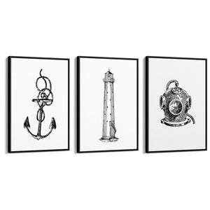 Set of Nautical Coast Drawings Coastal Wall Art #1 - The Affordable Art Company
