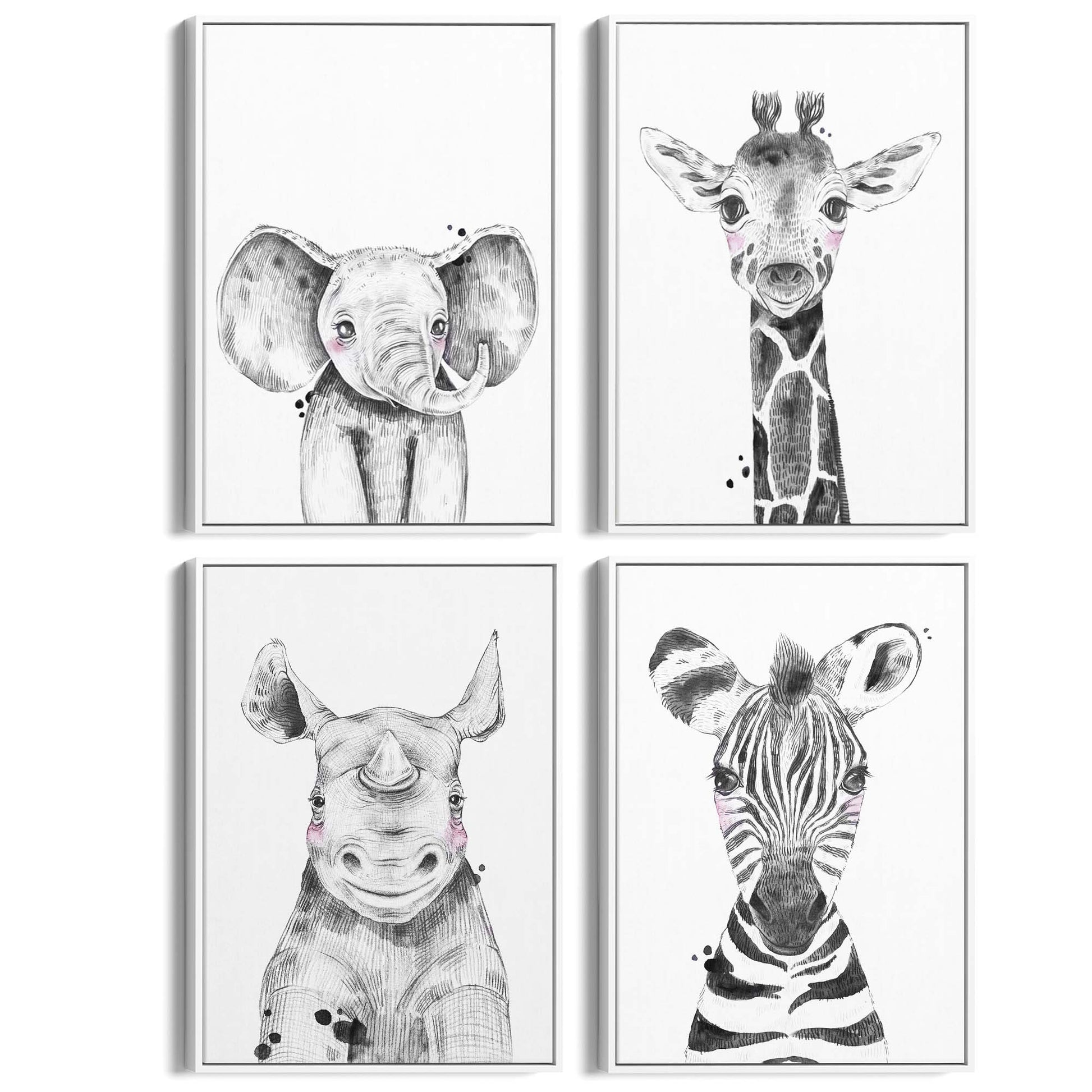Set of 4 Cute Baby Nursery Safari Animal Drawings Wall Art - The Affordable Art Company