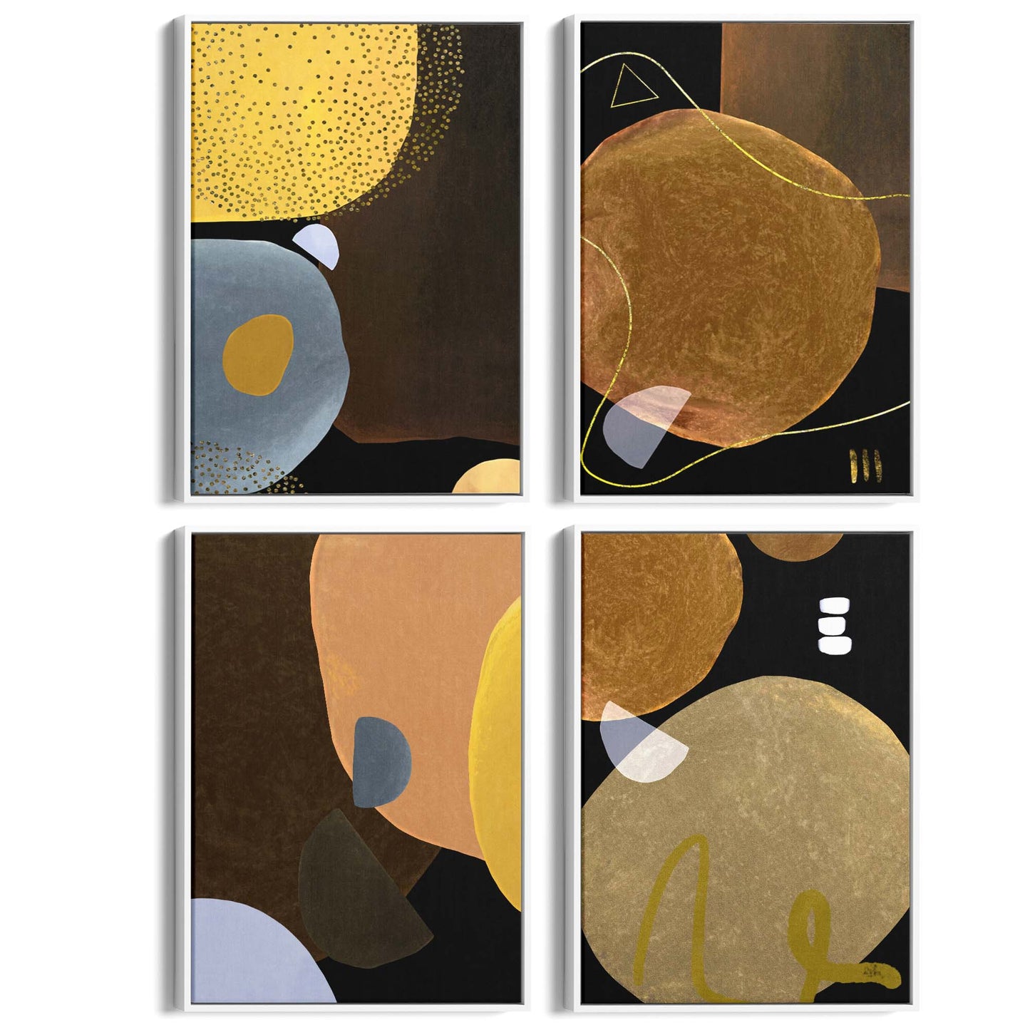 Set of 4 Abstract Yellow, Orange and Black Shape Painting Wall Art - The Affordable Art Company