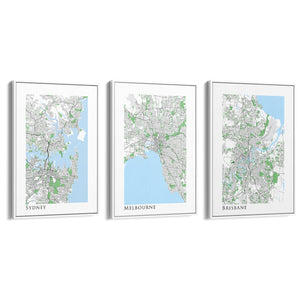 Set of Sydney, Melbourne & Brisbane Map Wall Art - The Affordable Art Company