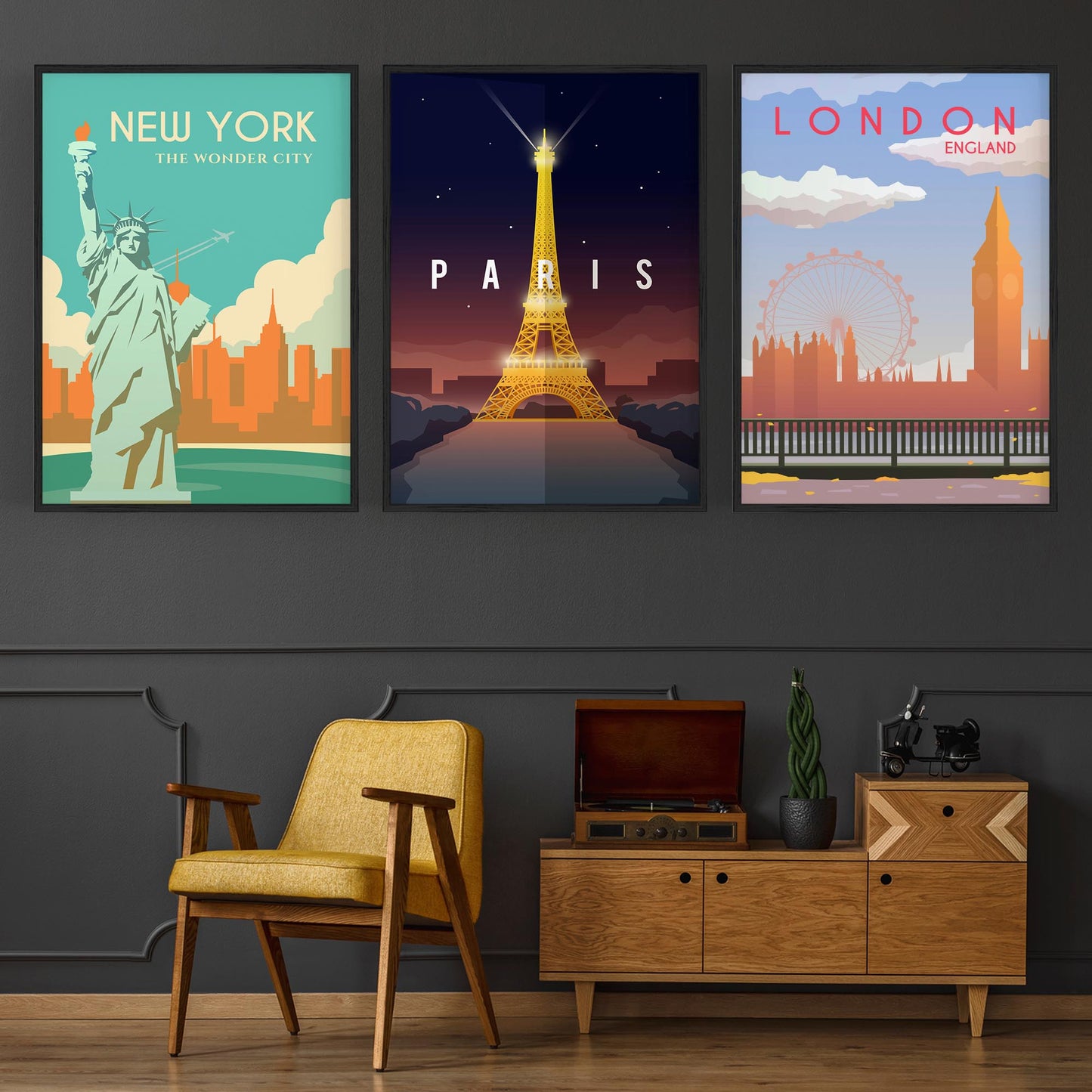 Set of Retro Travel Wall Art (Paris, New York, London) - The Affordable Art Company